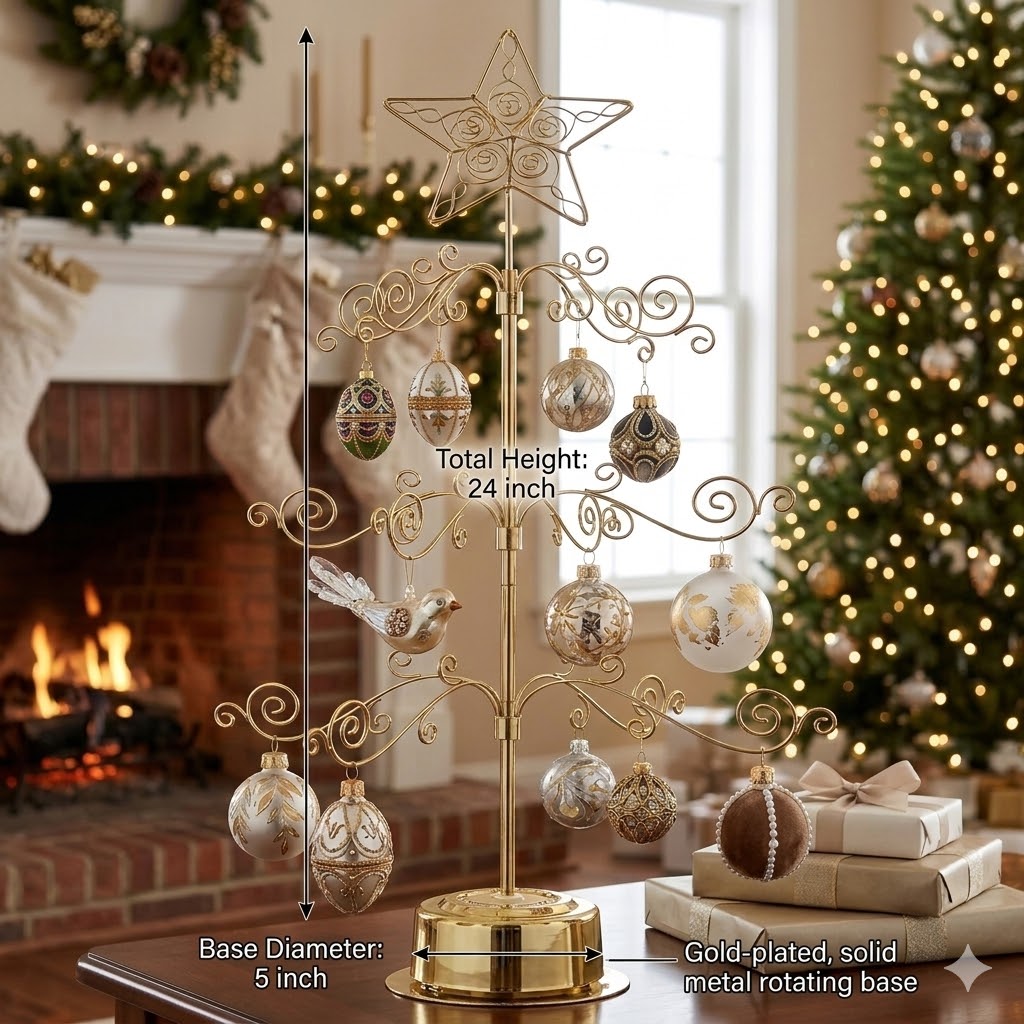 HOHIYA 24 Inch Tabletop Rotating Ornament Display Tree 3-Tier Metal Stand with 36 Hooks, Small Christmas Tree for Desk Countertop Jewelry and Keepsake Holder Brass Gold